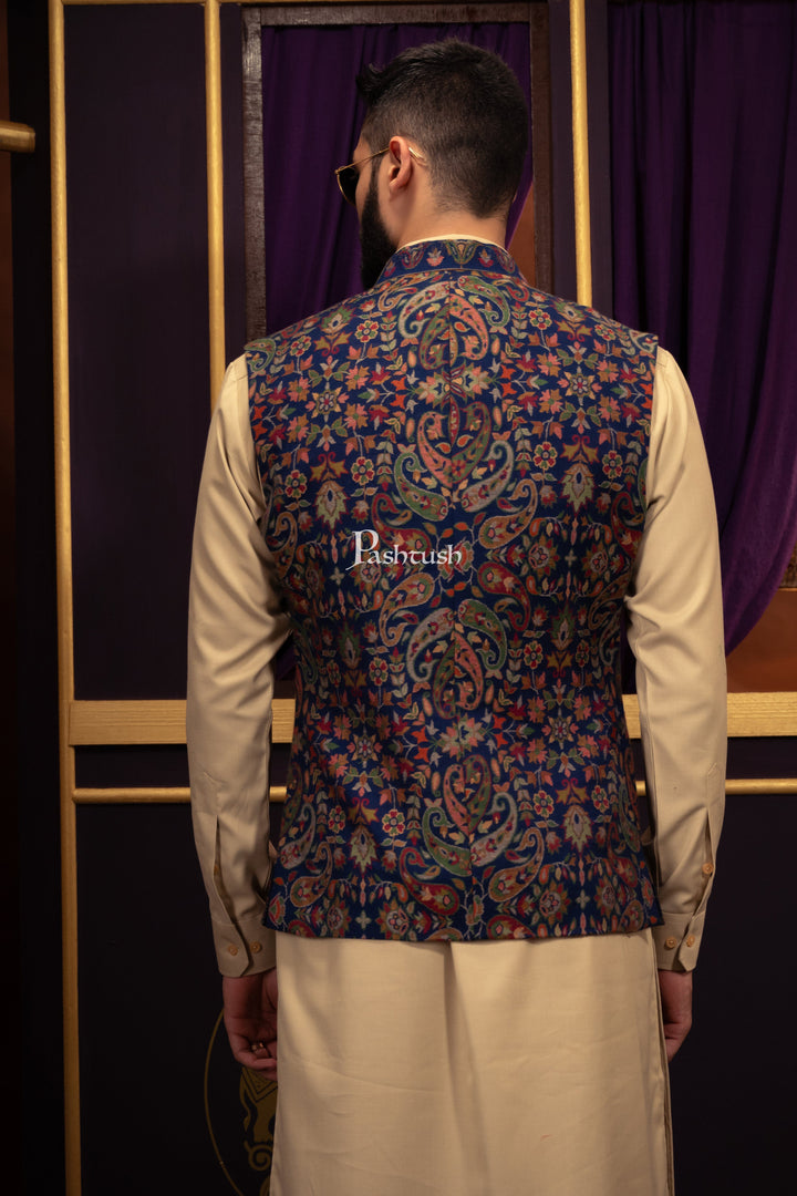 Pashtush India Coats & Jackets Pashtush Mens Woven Jacquard Structured Waistcoat, Slim Fit, Navy Blue