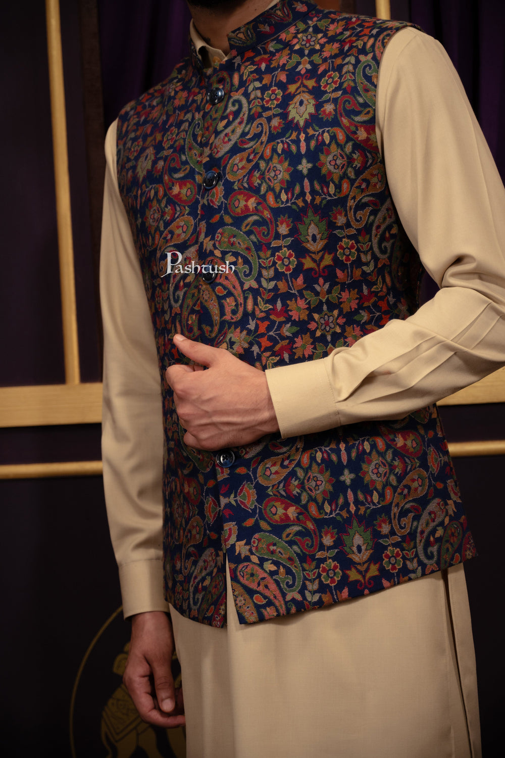 Pashtush India Coats & Jackets Pashtush Mens Woven Jacquard Structured Waistcoat, Slim Fit, Navy Blue