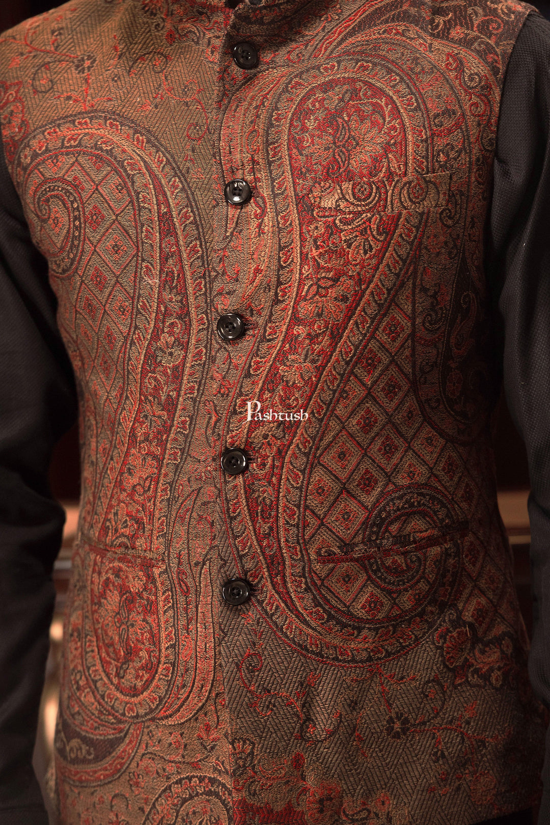 Pashtush India Coats & Jackets PASHTUSH MENS WOVEN JACQUARD WAISTCOAT, Structured SLIM FIT