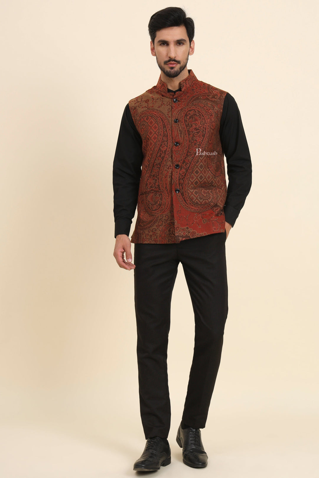 Pashtush India Coats & Jackets Pashtush Mens Woven Jacquard Waistcoat, Structured Slim Fit, Brown