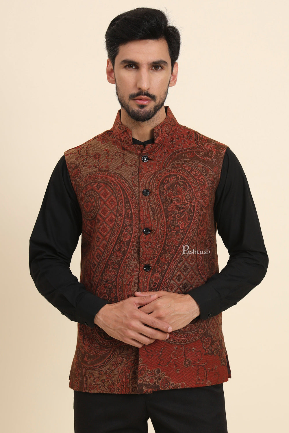 Pashtush India Coats & Jackets Pashtush Mens Woven Jacquard Waistcoat, Structured Slim Fit, Brown