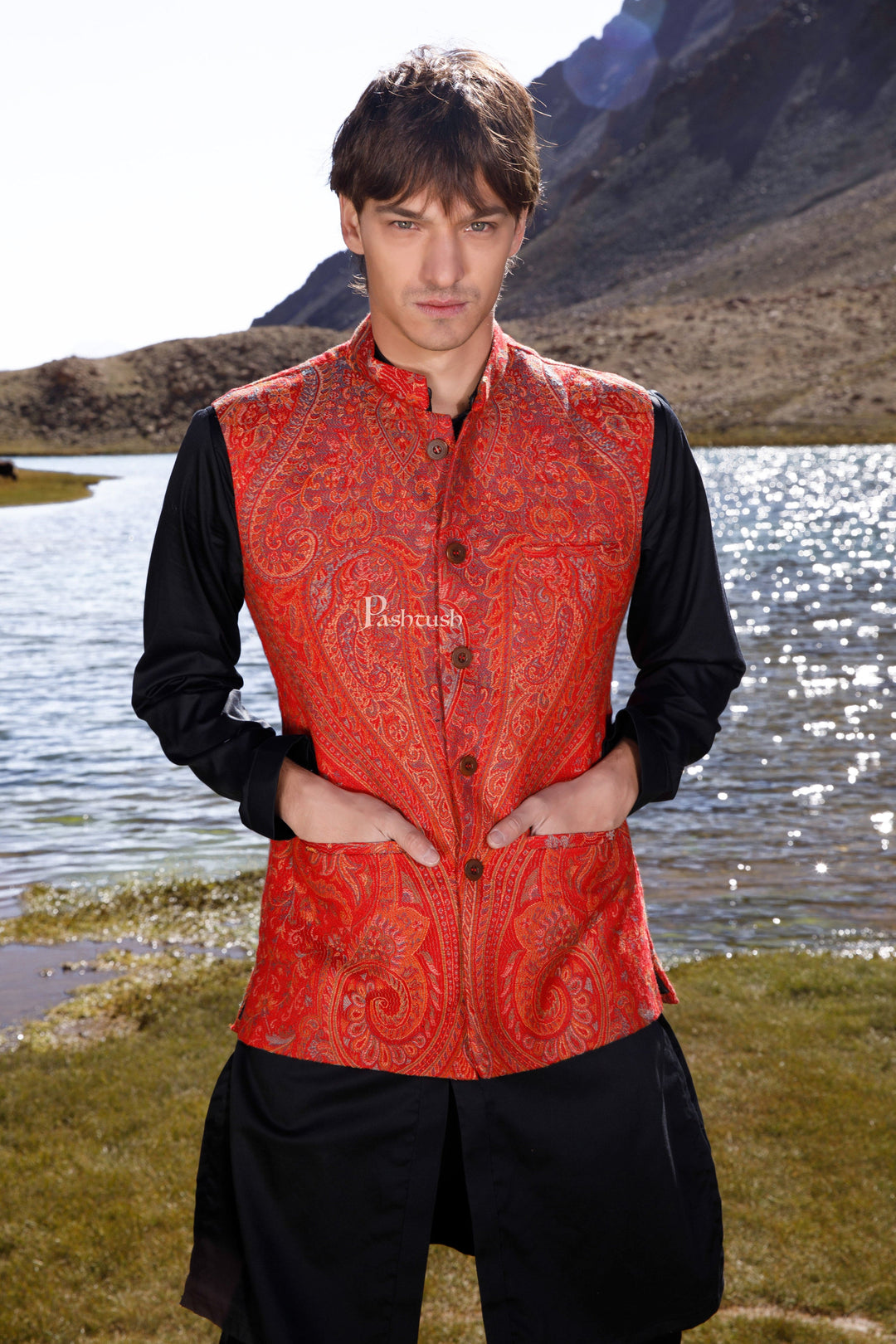 Pashtush India Coats & Jackets Pashtush Mens Woven Jacquard Waistcoat, Structured Slim Fit, Festive Maroon