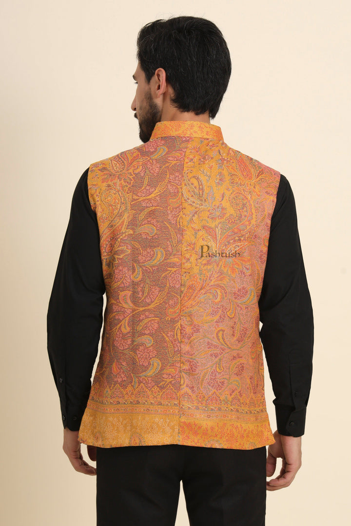 Pashtush India Coats & Jackets Pashtush Mens Woven Jacquard Waistcoat, Structured Slim Fit, Mustard