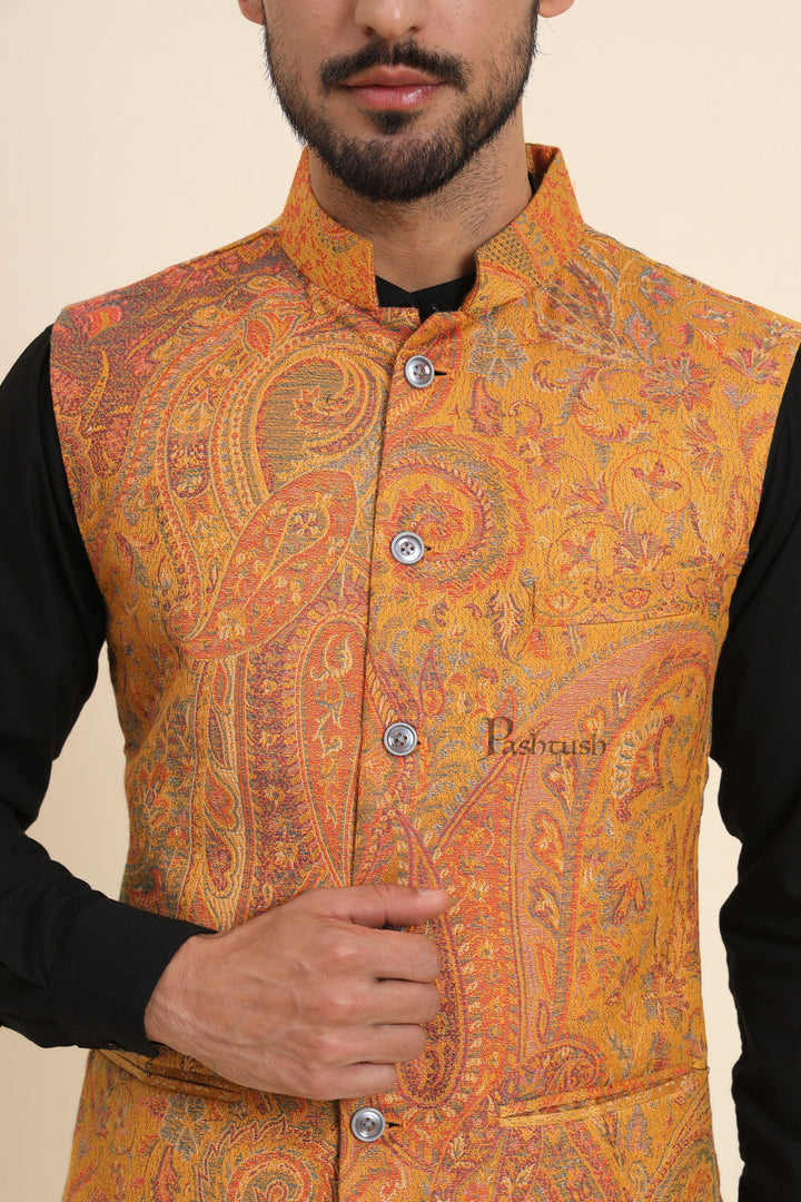 Pashtush India Coats & Jackets Pashtush Mens Woven Jacquard Waistcoat, Structured Slim Fit, Mustard