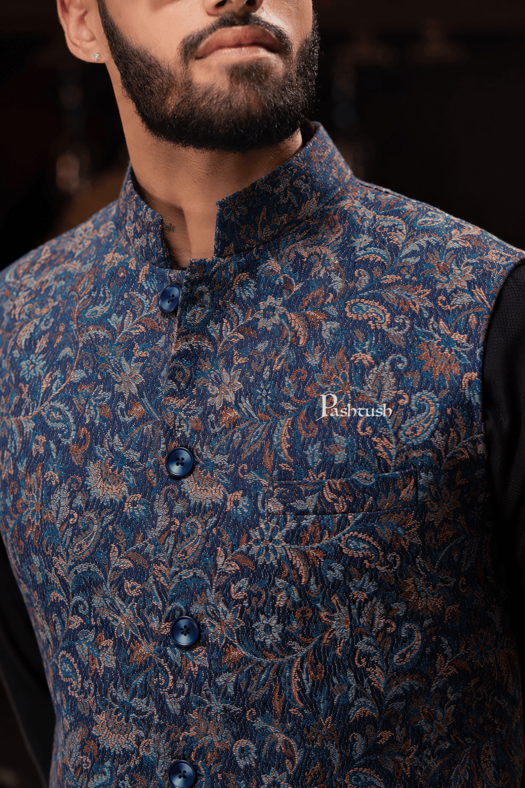 Pashtush India Coats & Jackets Pashtush Mens Woven Jacquard Waistcoat, Structured Slim Fit, Navy Blue