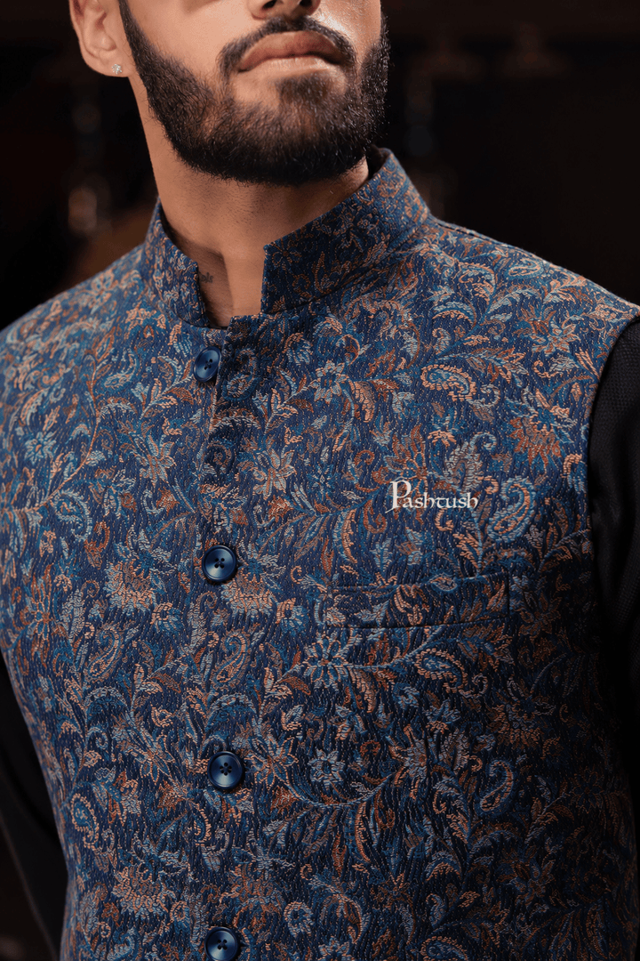 Pashtush India Coats & Jackets Pashtush Mens Woven Jacquard Waistcoat, Structured Slim Fit, Navy Blue
