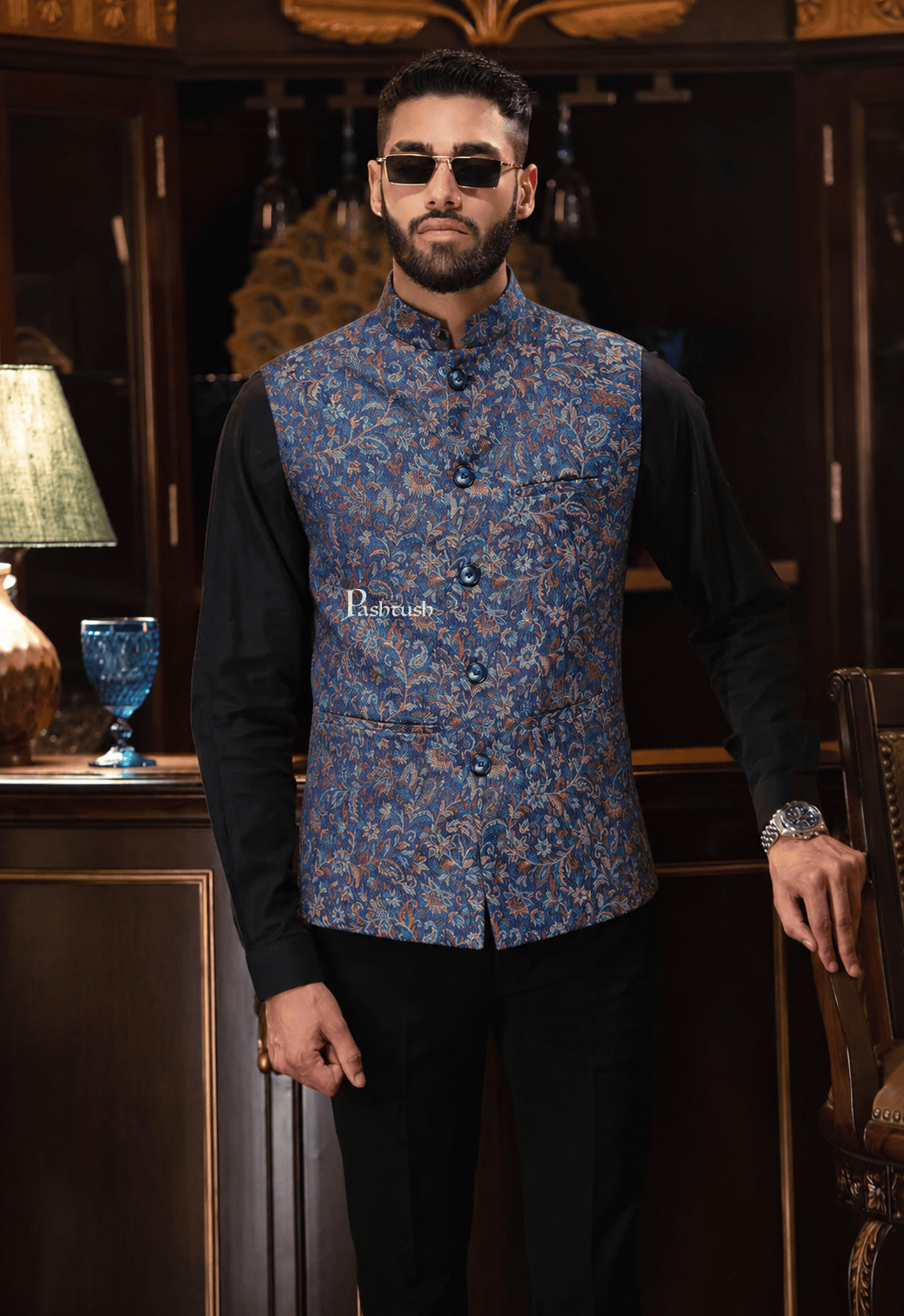 Pashtush India Coats & Jackets Pashtush Mens Woven Jacquard Waistcoat, Structured Slim Fit, Navy Blue