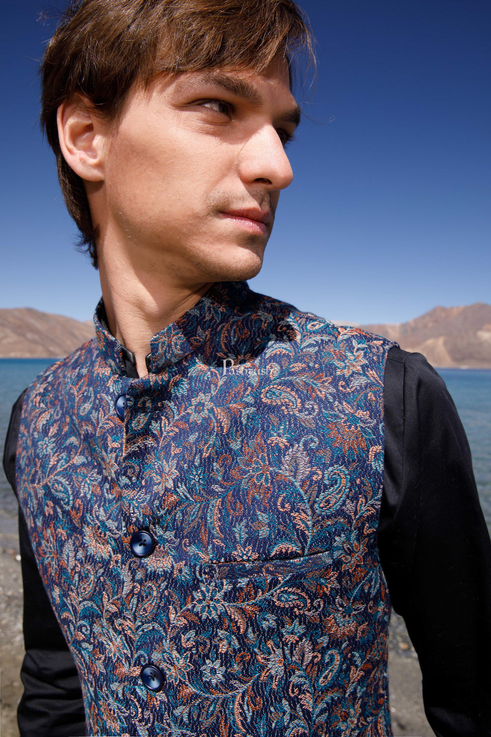 Pashtush India Coats & Jackets Pashtush Mens Woven Jacquard Waistcoat, Structured Slim Fit, Navy Blue