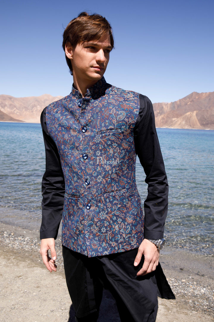 Pashtush India Coats & Jackets Pashtush Mens Woven Jacquard Waistcoat, Structured Slim Fit, Navy Blue