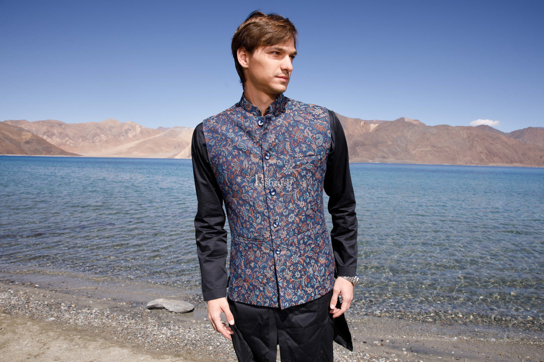 Pashtush India Coats & Jackets Pashtush Mens Woven Jacquard Waistcoat, Structured Slim Fit, Navy Blue