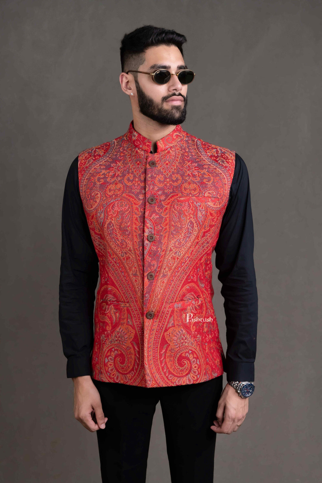 Pashtush India Coats & Jackets PASHTUSH MENS WOVEN JACQUARD WAISTCOAT, STRUCTURED SLIM FIT, RED