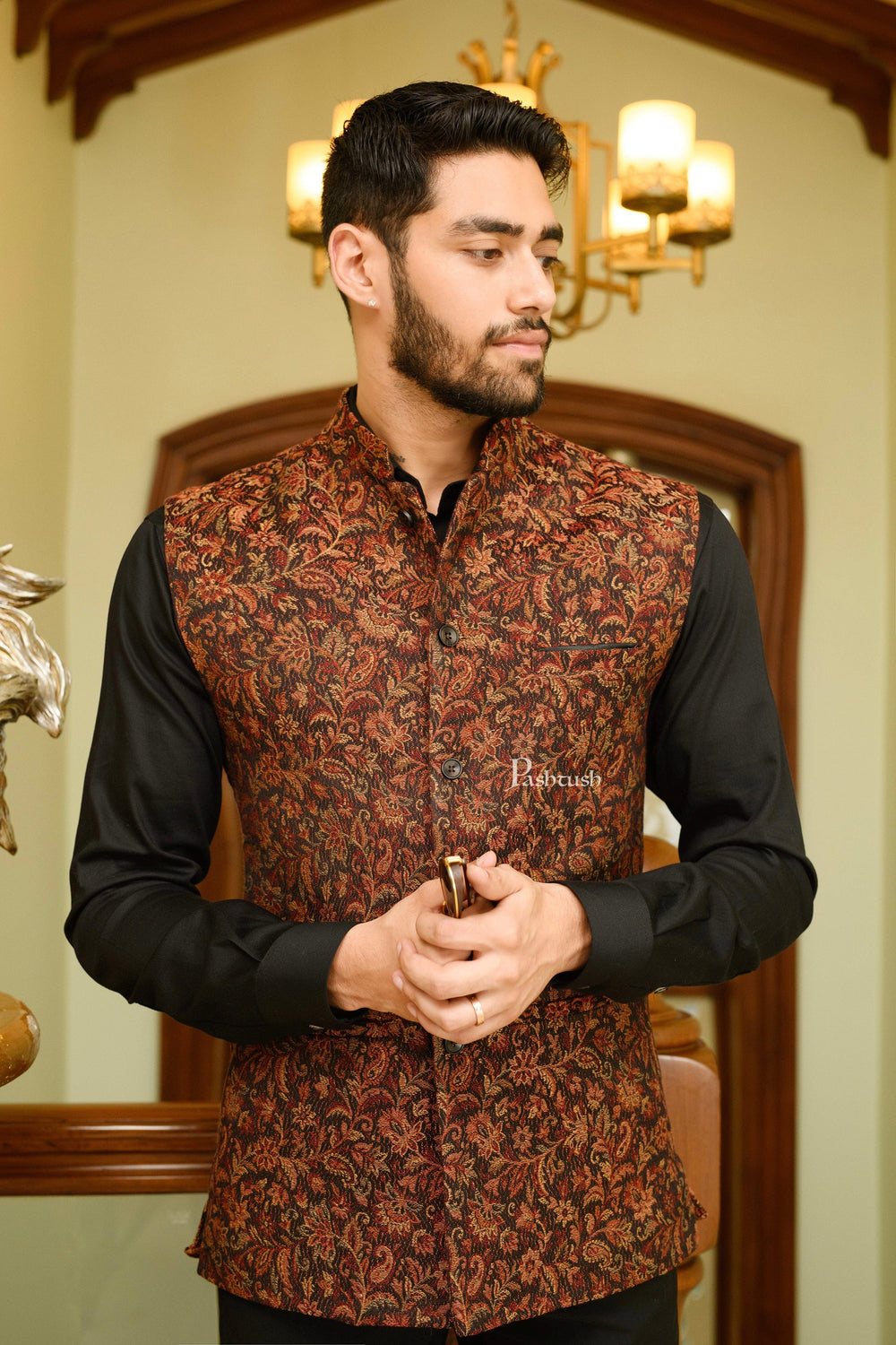 Pashtush India Coats & Jackets Pashtush Mens Woven Structured Waistcoat, Slim Fit, Black