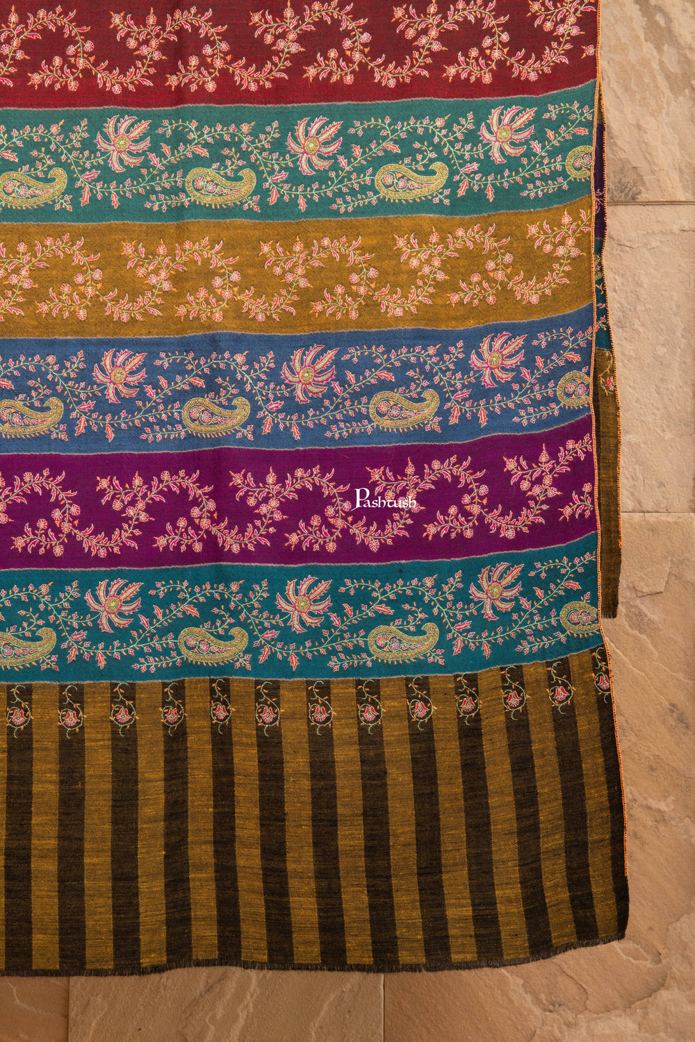 Pashtush Shawl Store Womens Shawls Pashtush Multicolour Khateras Sozni Pure Pashmina Jama, A Kashmiri Heritage Collectible