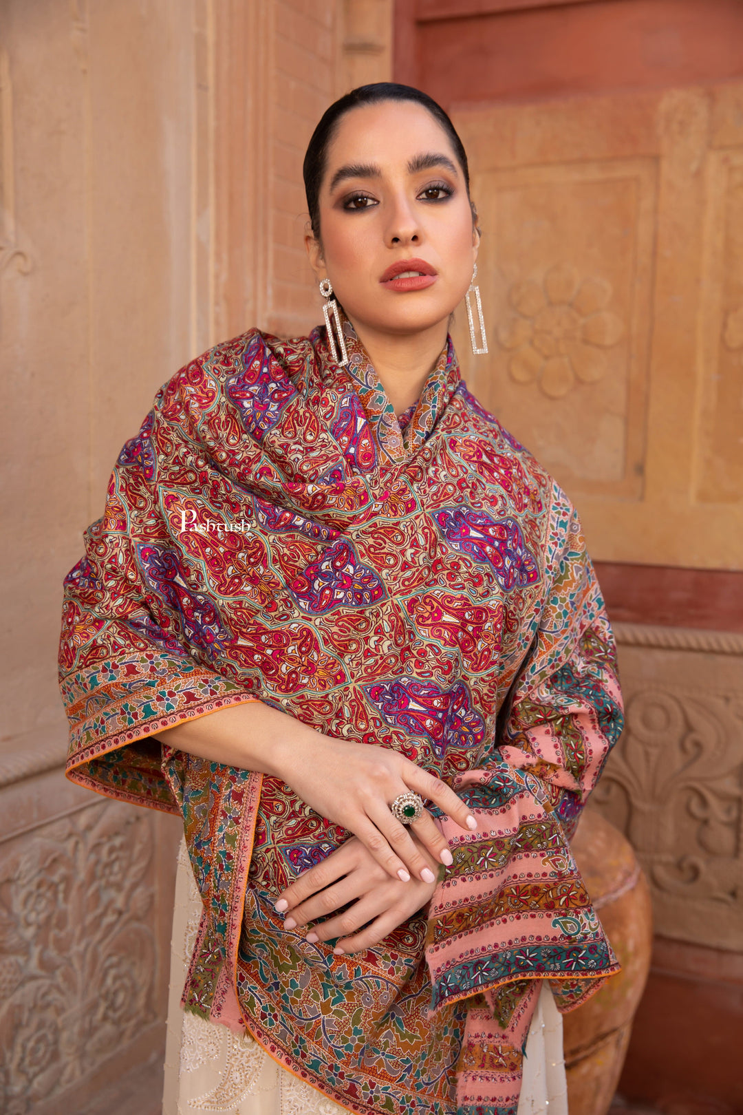 Pashtush India Womens Shawls Pashtush Pashmina Shawl , Hand Embroidered Multicoloured Jama Jaal, Handmade Kashmiri Embroidery