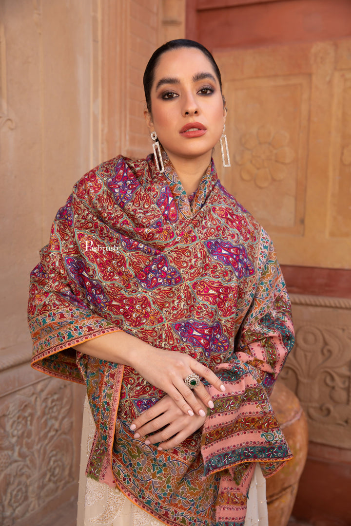 Pashtush India Womens Shawls Pashtush Pashmina Shawl , Hand Embroidered Multicoloured Jama Jaal, Handmade Kashmiri Embroidery