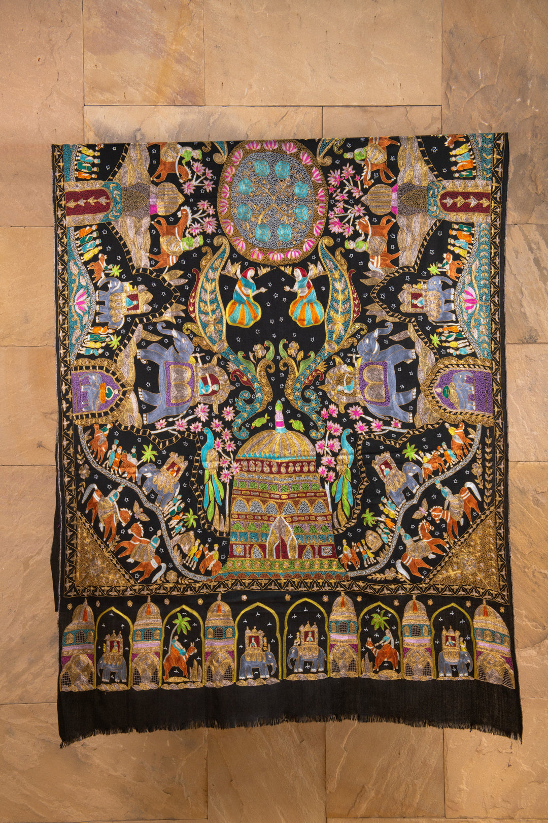 Pashtush Shawl Store Womens Shawls Pashtush Pure Pashmina “Royal Caravan” Tilla & Aari Embroidered Shawl, A Kashmiri Courtly Tapestry