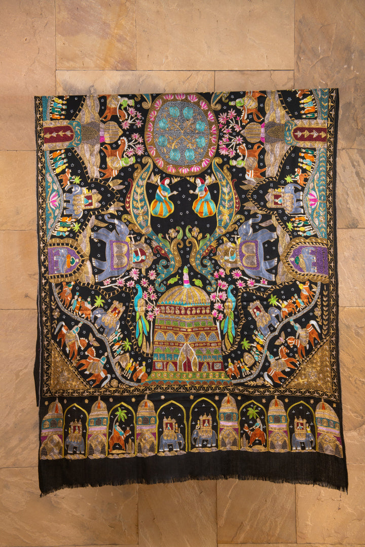Pashtush Shawl Store Womens Shawls Pashtush Pure Pashmina “Royal Caravan” Tilla & Aari Embroidered Shawl, A Kashmiri Courtly Tapestry