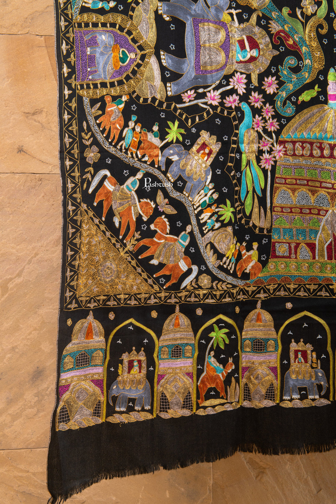 Pashtush Shawl Store Womens Shawls Pashtush Pure Pashmina “Royal Caravan” Tilla & Aari Embroidered Shawl, A Kashmiri Courtly Tapestry