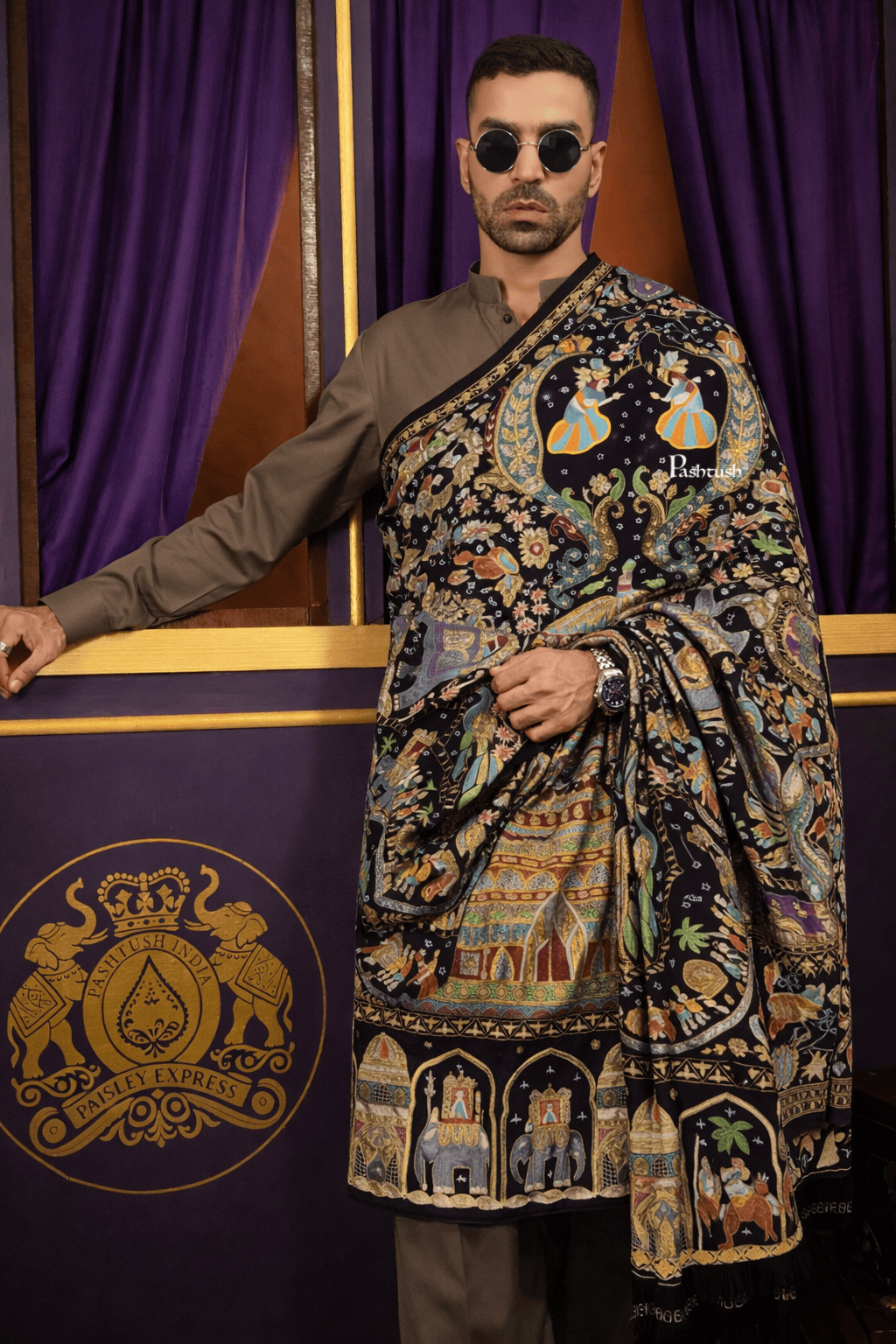 Pashtush Shawl Store Mens Shawls Gents Shawl Pashtush Pure Pashmina Shawl for Men, Raj Darbar, Hand Embroidery, Hand Woven, Black