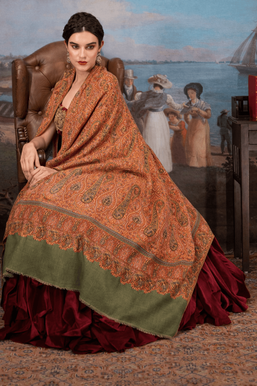 Pashtush India Womens Shawls Pashtush Pure Pashmina Shawl for Women, Kashmiri Sozni Hand Emrbodiery, Hand Made Shawl, Olive