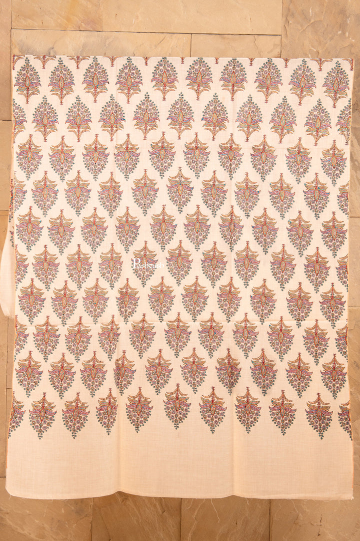 Pashtush Shawl Store Womens Shawls Pashtush Pure Pashmina Shawl, Hand Embroidery, Hand Woven, Kashmiri Chinaar Patta Embroidery, Ivory