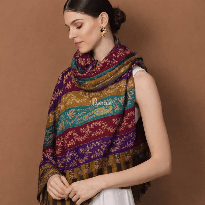 Pashtush Shawl Store Womens Shawls Pashtush Pure Pashmina shawl Multicolour Khateras Sozni Pure Pashmina Jama, A Kashmiri Heritage Collectible