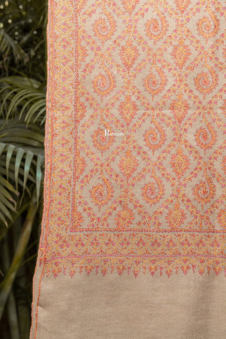 Pashtush India Womens Shawls Pashtush  Pure Pashmina Shawl, Sozni Hand Embroidery, Hand Woven Design, Beige