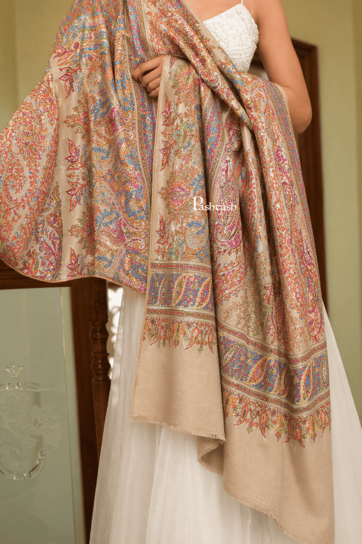 Pashtush India Womens Shawls Pashtush  Pure Pashmina Shawl, Sozni Hand Embroidery, Hand Woven Design, Beige