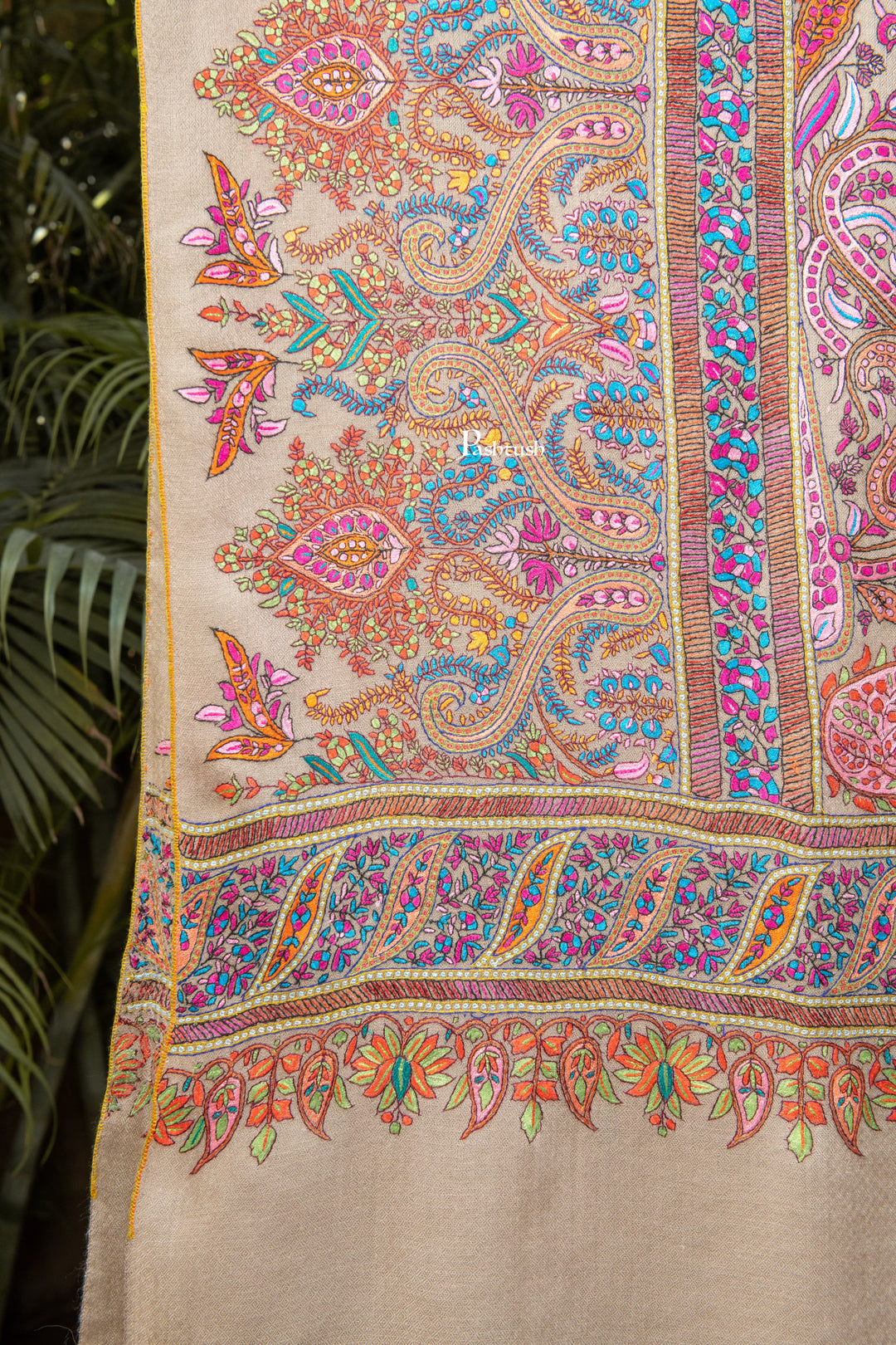 Pashtush India Womens Shawls Pashtush  Pure Pashmina Shawl, Sozni Hand Embroidery, Hand Woven Design, Taupe