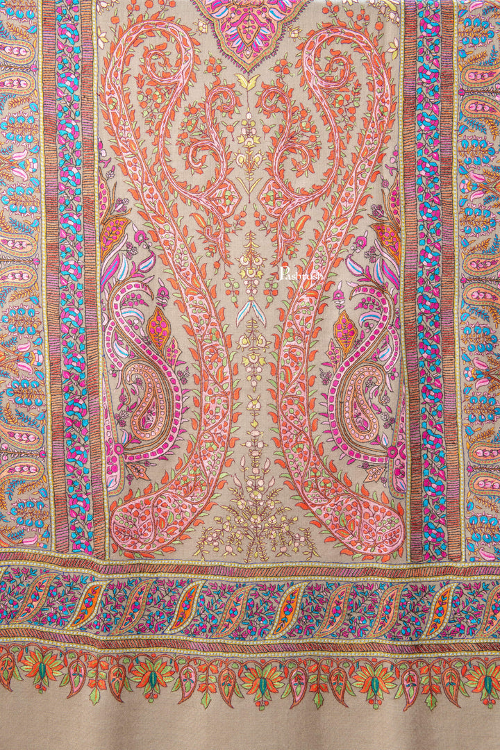Pashtush India Womens Shawls Pashtush  Pure Pashmina Shawl, Sozni Hand Embroidery, Hand Woven Design, Taupe