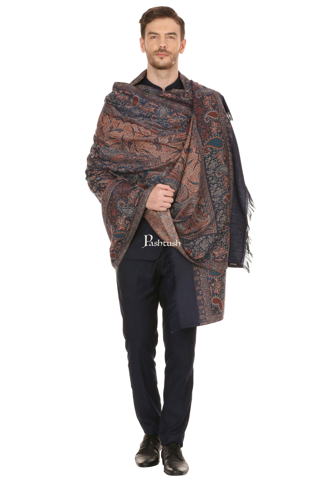 Pashtush India Gift Pack Pashtush Rakhi Gift Set, Mens Navy Blue Jamawar Stole with Rakhi and Tilak in Premium Gift Box