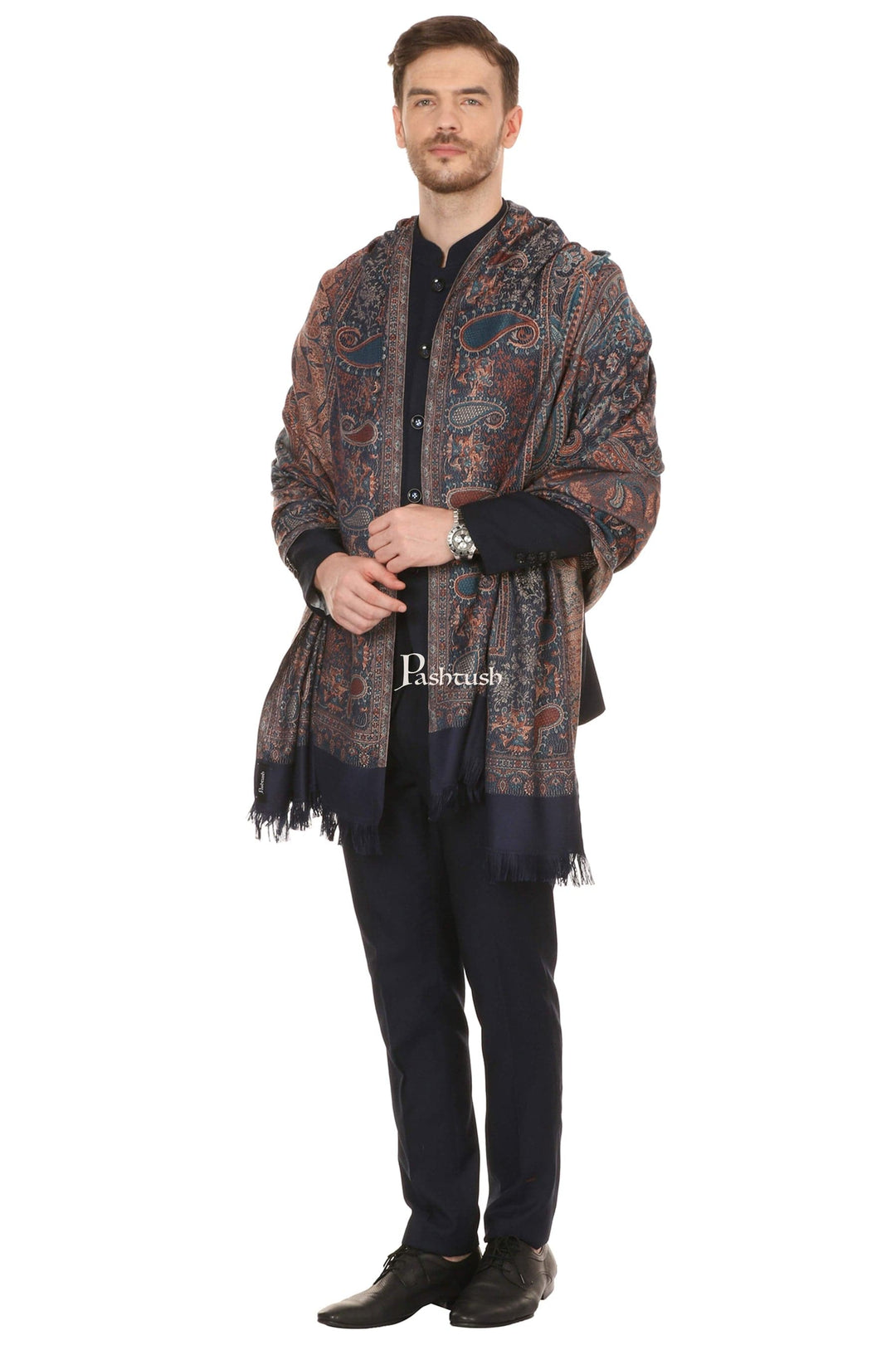 Pashtush India Gift Pack Pashtush Rakhi Gift Set, Mens Navy Blue Jamawar Stole with Rakhi and Tilak in Premium Gift Box