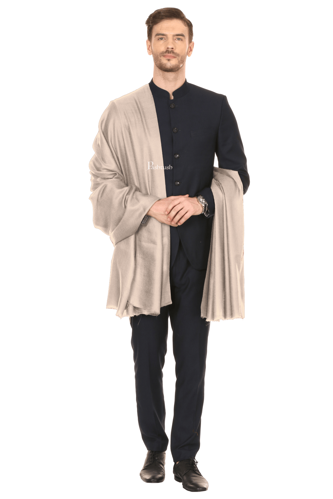 Pashtush India Mens Shawls Gents Shawl Pashtush Royal And Classy Fine Wool Mens Stole, Solid Beige