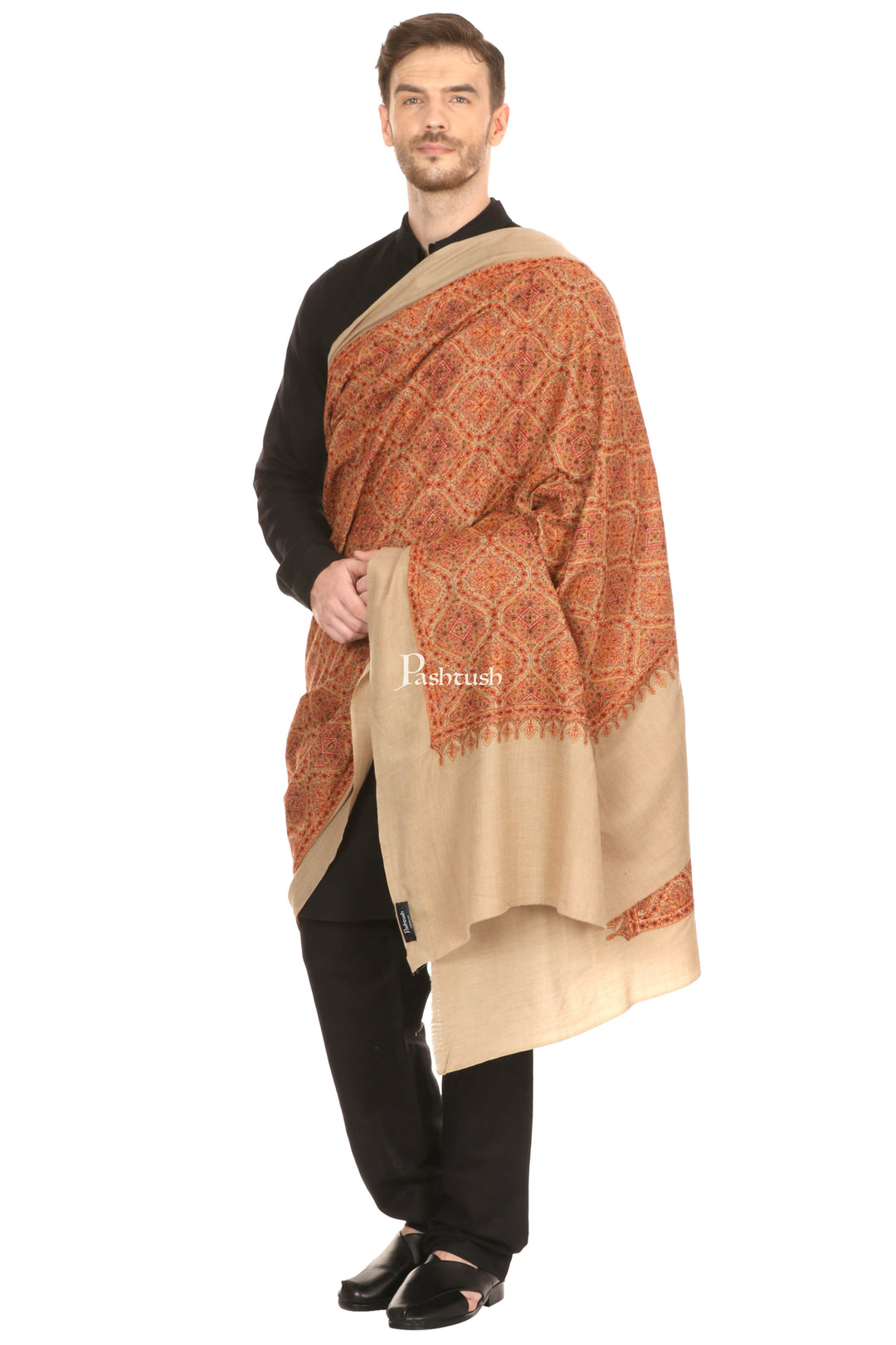 Pashtush India Mens Shawls Gents Shawl Pashtush Super Fine Embroidery Pure Wool, Ring Shawl, Full Size - Taupe