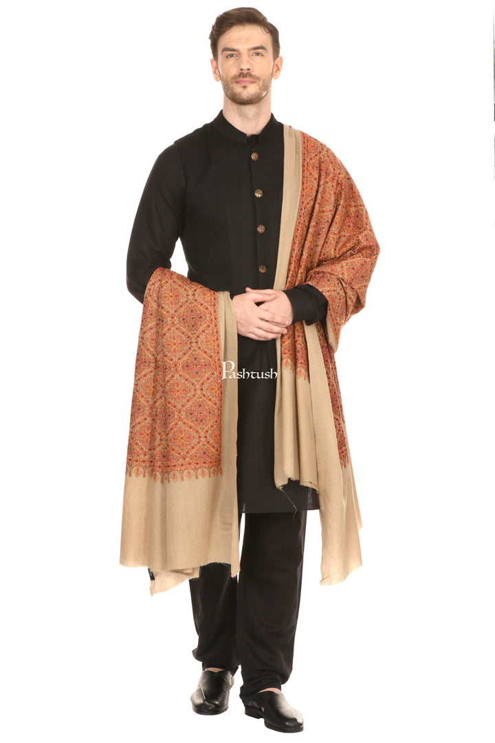 Pashtush India Mens Shawls Gents Shawl Pashtush Super Fine Embroidery Pure Wool, Ring Shawl, Full Size - Taupe
