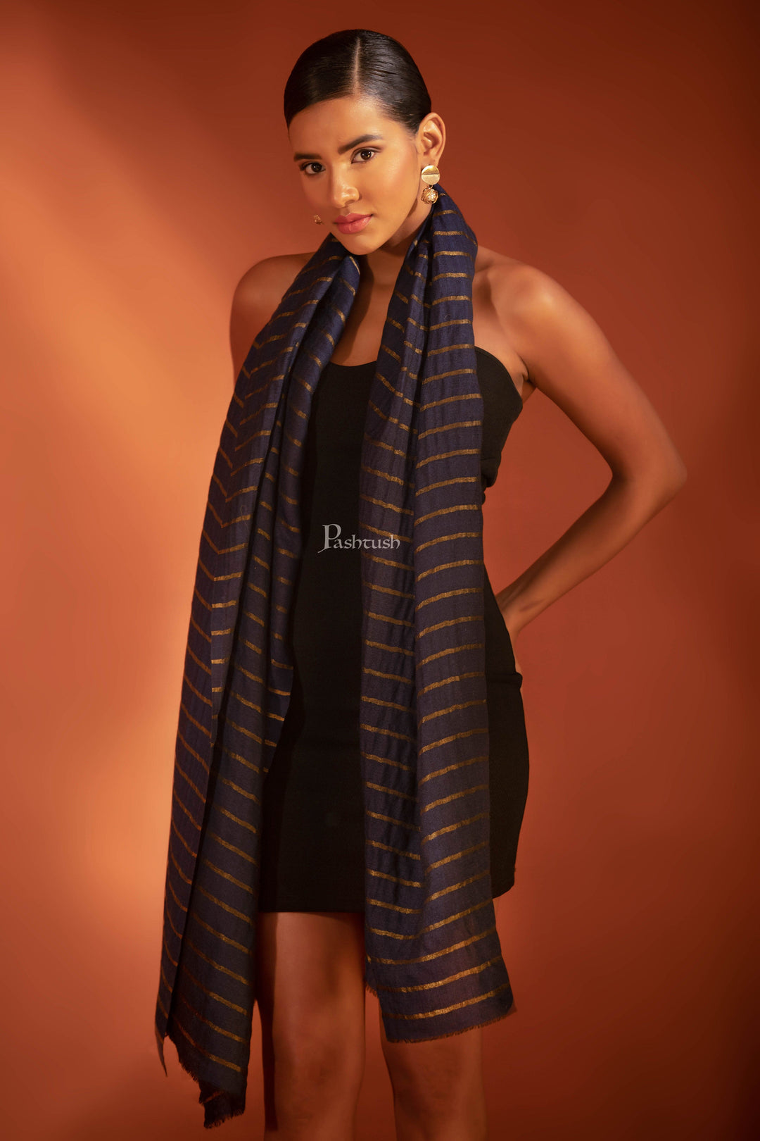 Pashtush India womens scarf and Stoles Pashtush Twilight Stole, With Woven Metallic Thread, Silk Wool, Gold and Navy Blue