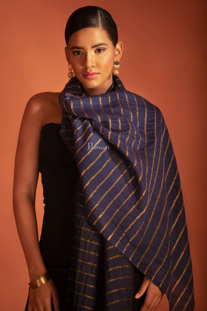 Pashtush India womens scarf and Stoles Pashtush Twilight Stole, With Woven Metallic Thread, Silk Wool, Gold and Navy Blue