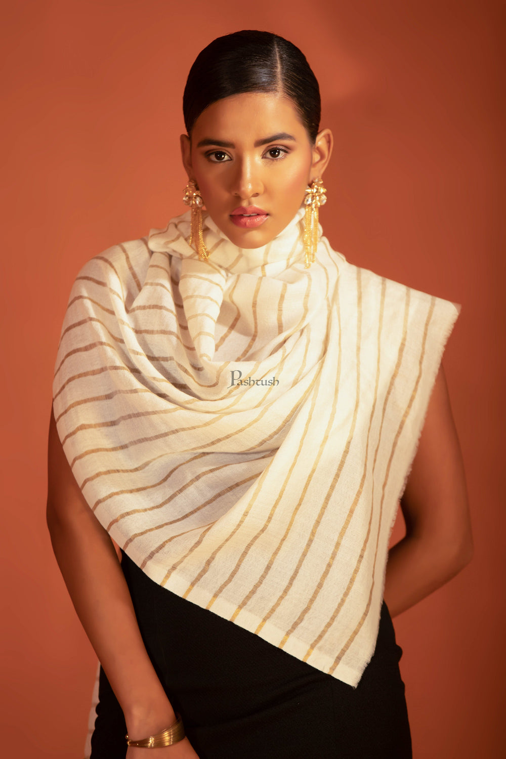 Pashtush India womens scarf and Stoles Pashtush Twilight Stole, With Woven Metallic Thread, Silk Wool, Striped Gold and Ivory