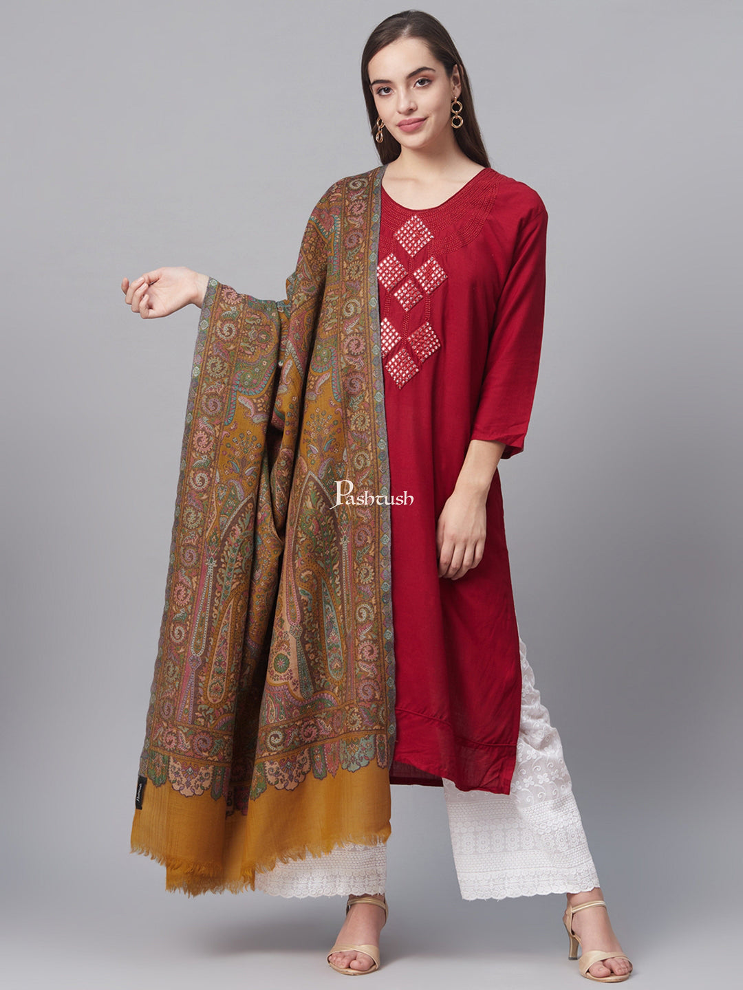 Pashtush India Womens Shawls Pashtush Women 100% Pure Wool, With Woolmark Certificate, Woven Kalamkari Design Shawl, Mustard