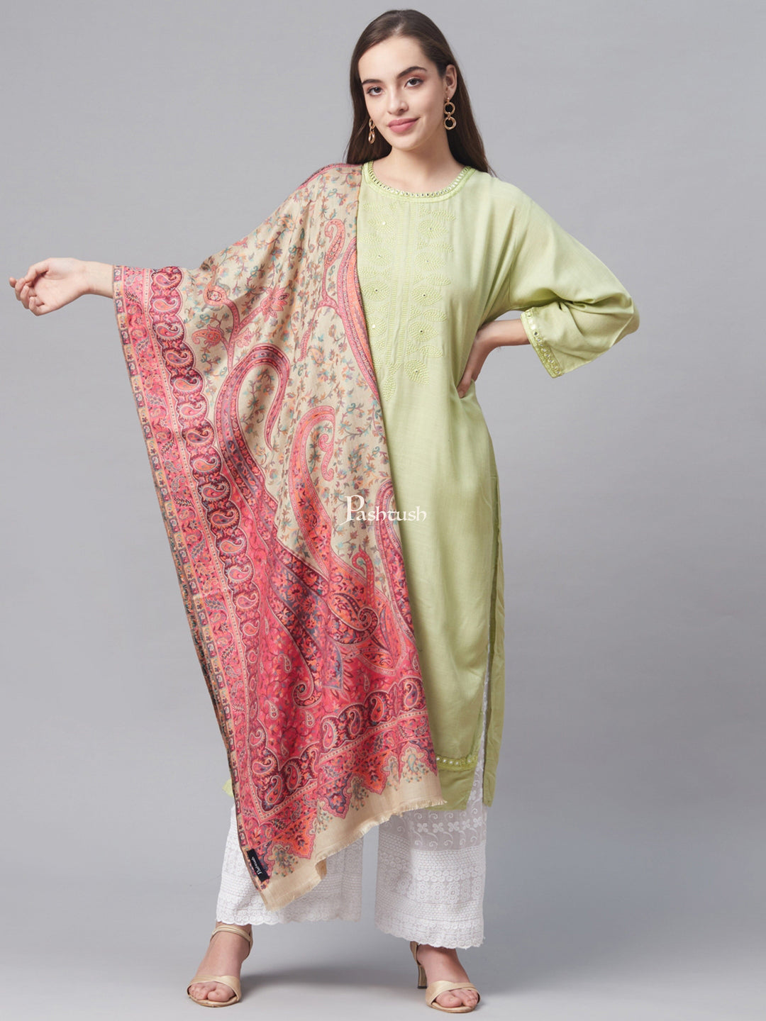 Pashtush India Womens Shawls Pashtush Women Cream-Coloured  Pink Woven Design Designer Shawl