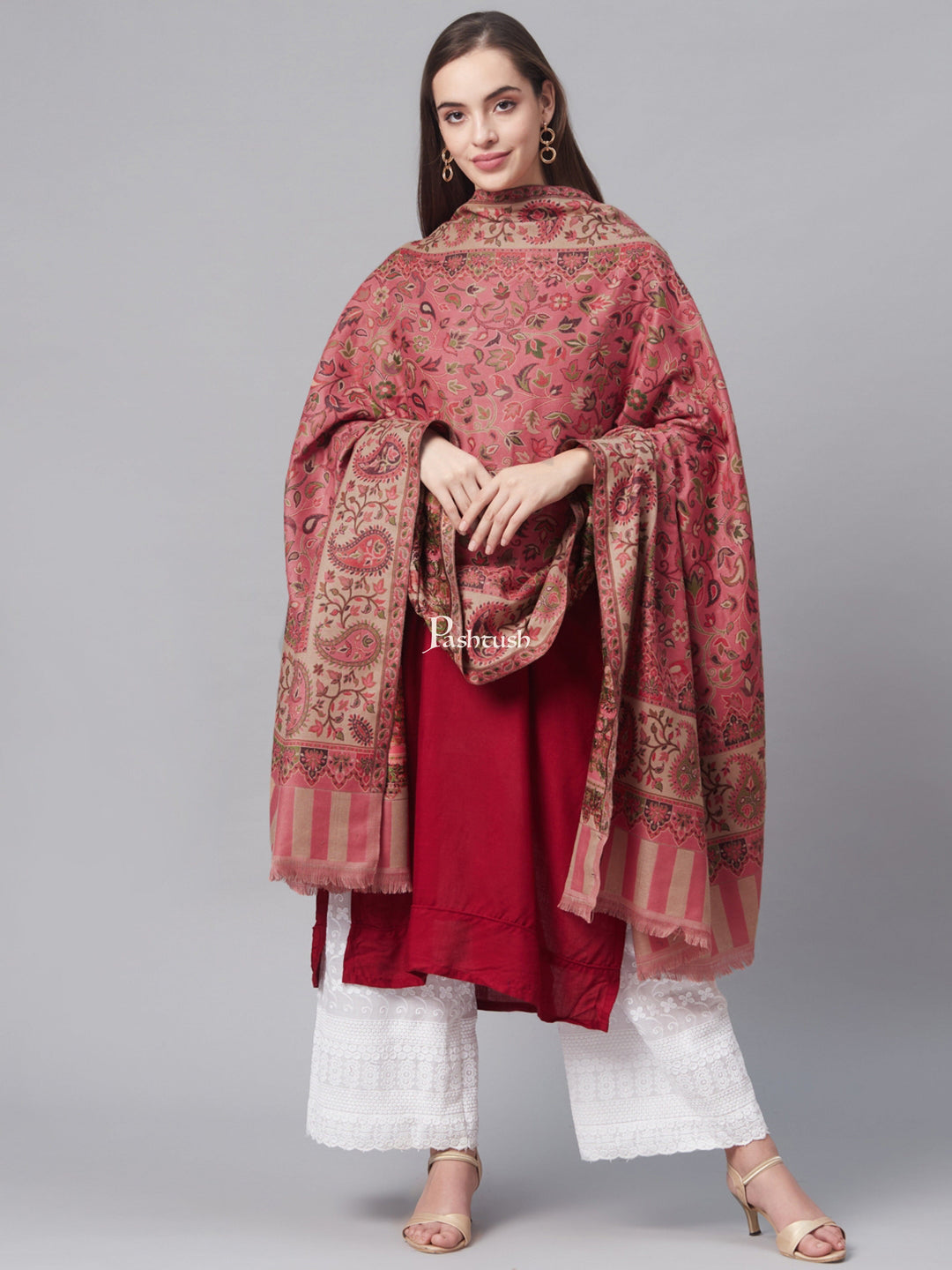 Pashtush India Womens Shawls Pashtush Women Dusty Pink Beige Ethnic Motifs Woven Design Designer Shawl