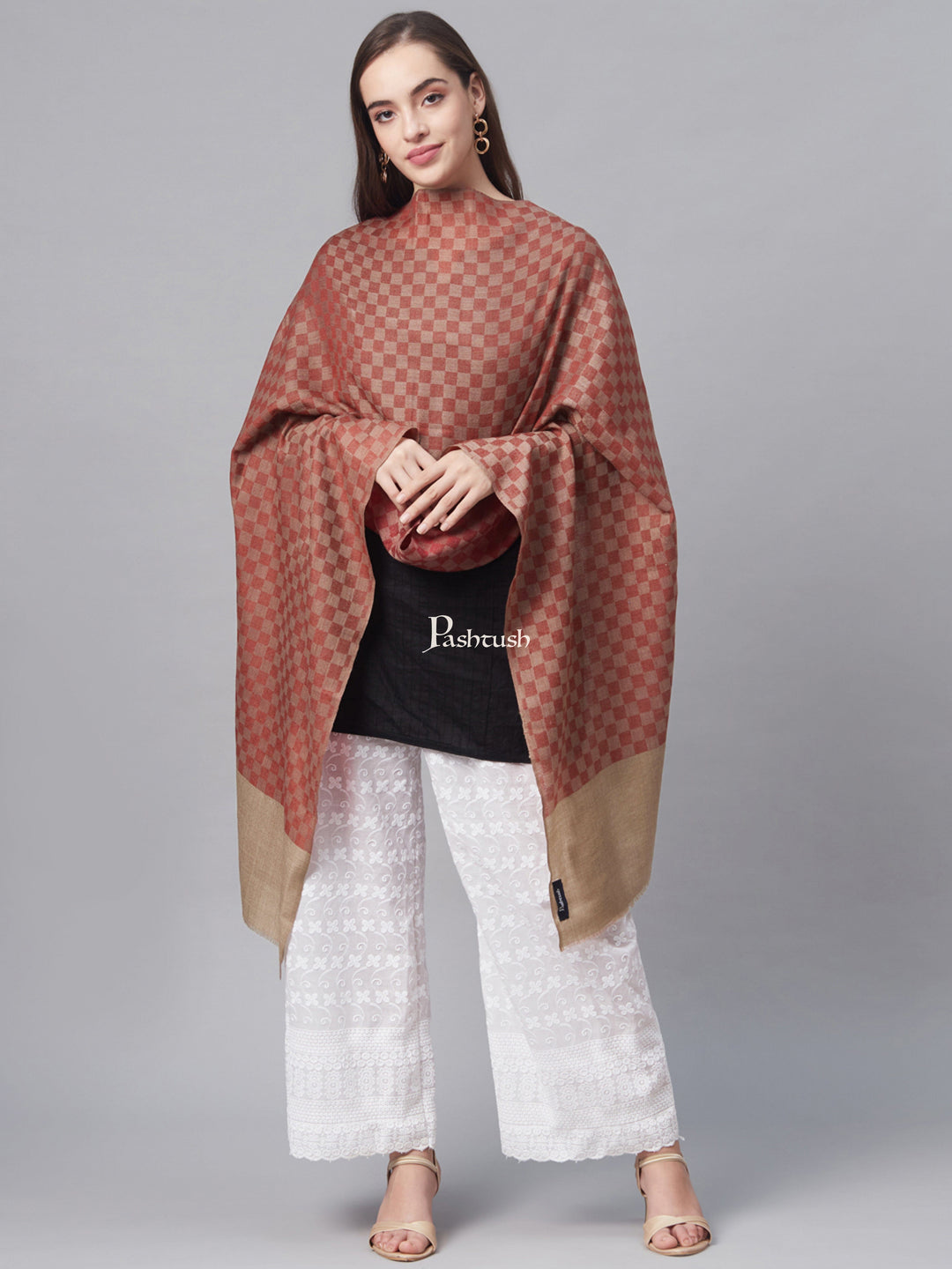 Pashtush India Womens Stoles and Scarves Scarf Pashtush Women Maroon Beige Checked Woven Design Designer Stole