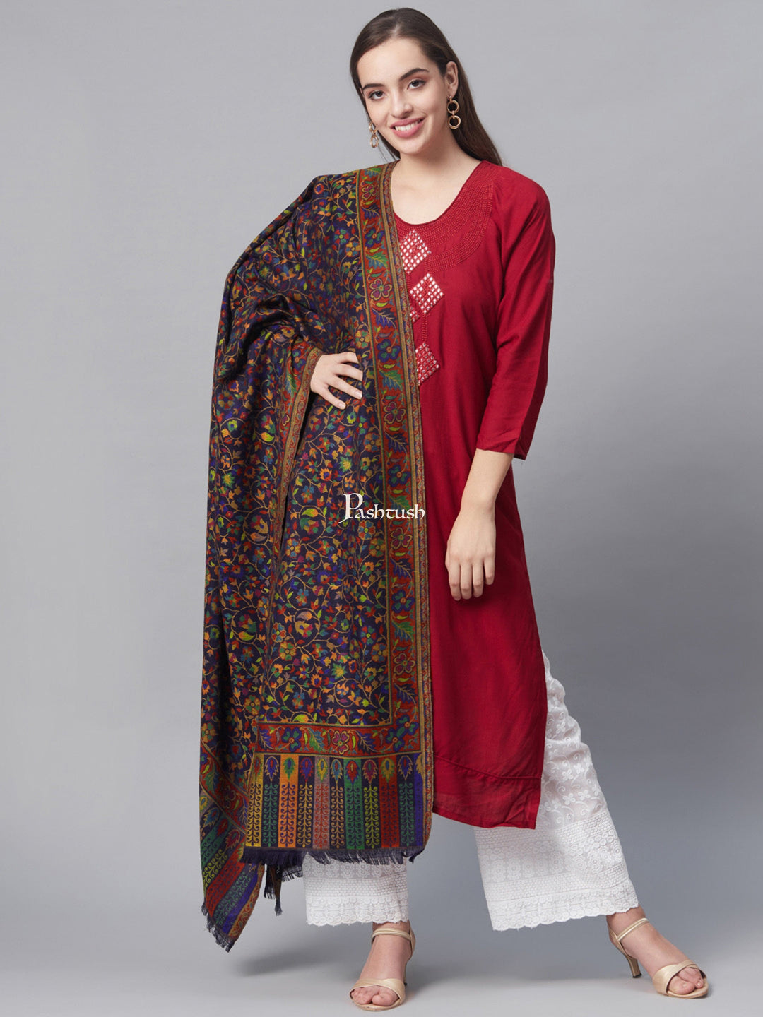 Pashtush India Womens Shawls Pashtush Women Navy Blue Rust Red Ethnic Motifs Woven Design Designer Shawl
