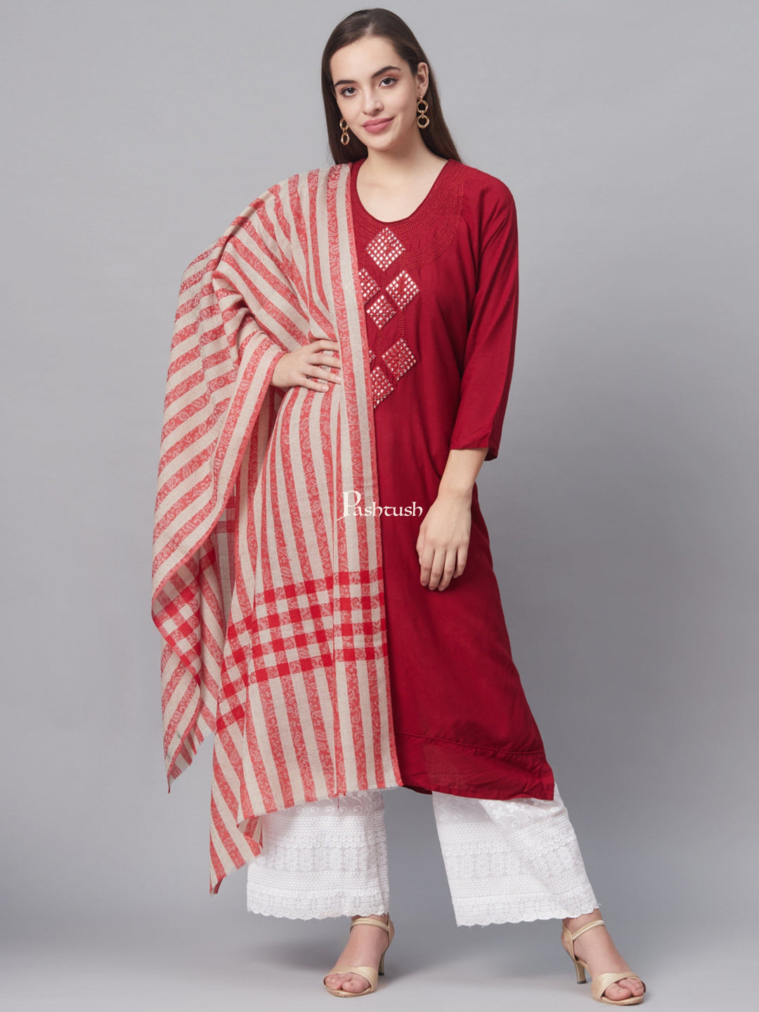 Pashtush India Womens Stoles and Scarves Scarf Pashtush Women Red Beige Striped Designer Stole