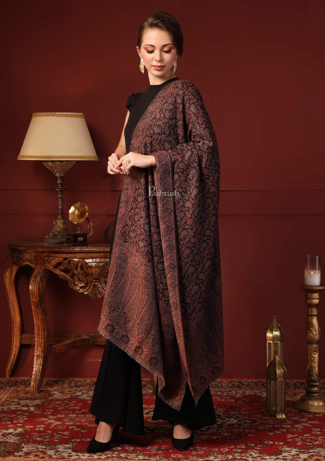 Pashtush His and Her Gift Set of Fine Wool Shawl and Stole, Black and Multicoloured, Packaged in Keepsake Wooden Chester Gift Box