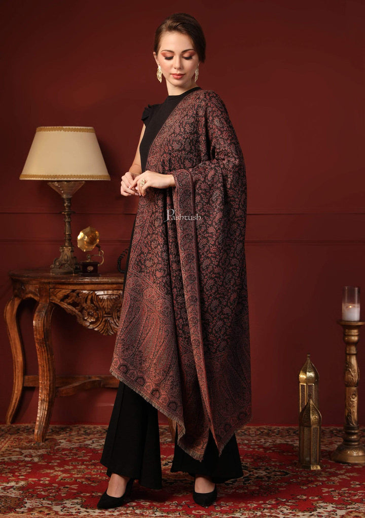 Pashtush His and Her Gift Set of Fine Wool Shawl and Stole, Black and Multicoloured, Packaged in Keepsake Wooden Chester Gift Box