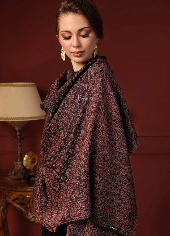 Pashtush His and Her Gift Set of Fine Wool Shawl and Stole, Black and Multicoloured, Packaged in Keepsake Wooden Chester Gift Box