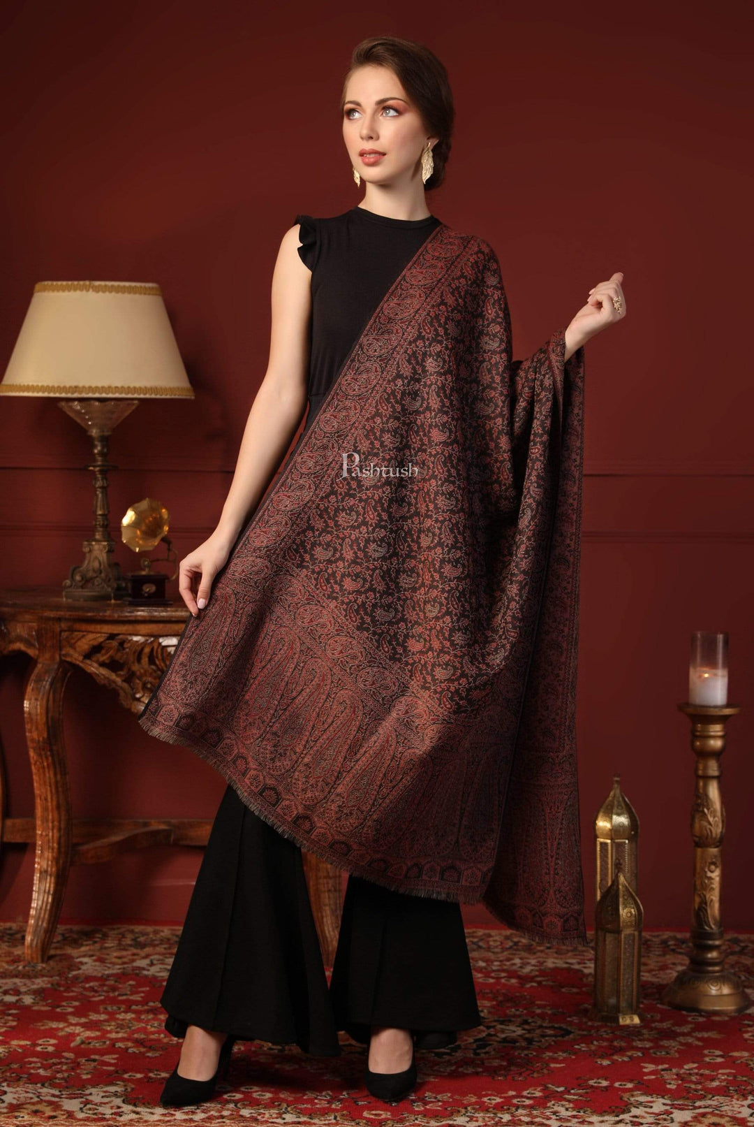 Pashtush His and Her Gift Set of Fine Wool Shawl and Stole, Black and Multicoloured, Packaged in Keepsake Wooden Chester Gift Box