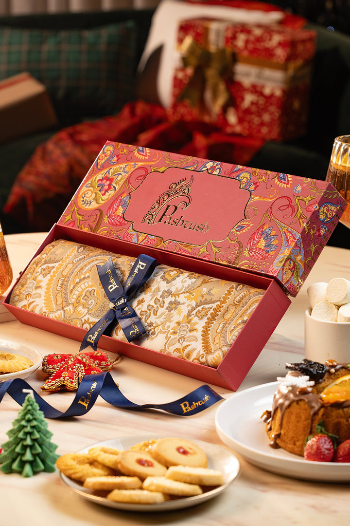 Pashtush India Gift Pack Pashtush Women'S Jacquard Palla Shawl, Warm And Soft, Faux Pashmina Beige