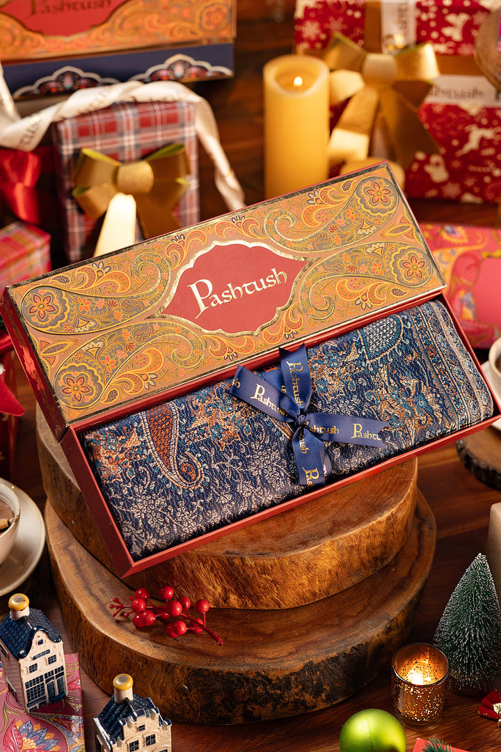 Pashtush India Gift Pack Pashtush Women's Jamawar Shawl, Navy Blue